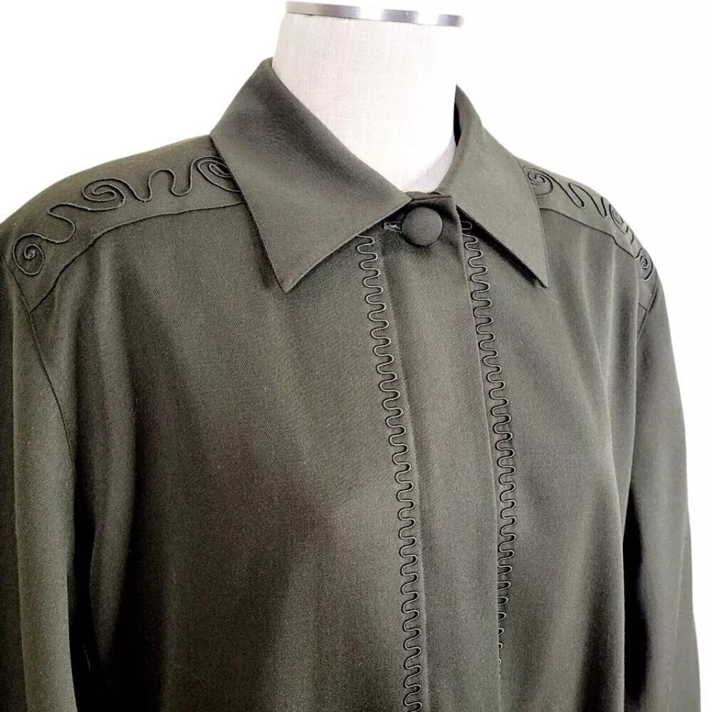 Suzelle Wool Jacket Size 12 Embroidered Full Front Zipper Buttons Pockets Green - Picture 3 of 13